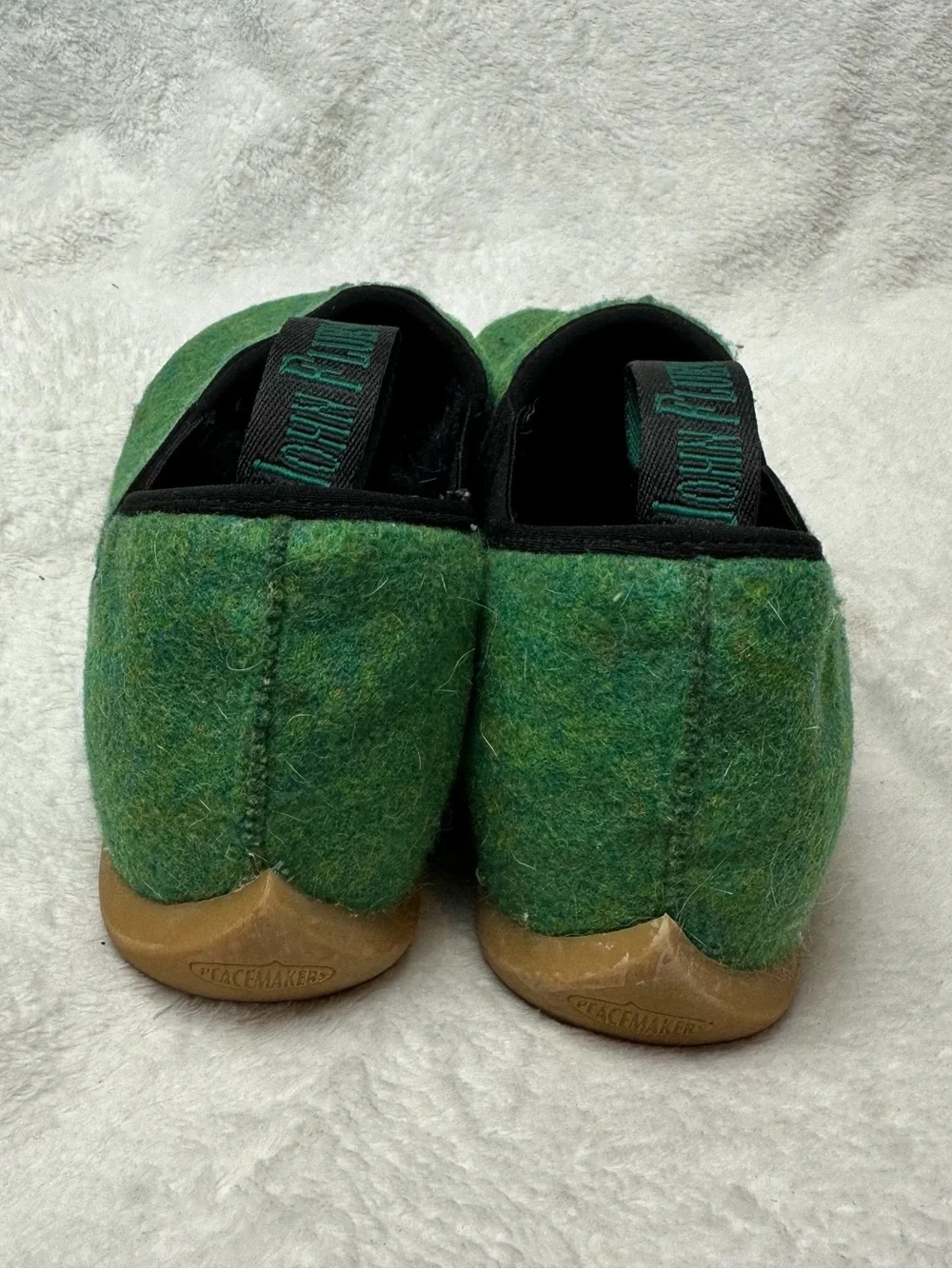 John Fluevog Dayan Peacemaker Green Vegan Felt Slippers EU 41 US M8 / W10